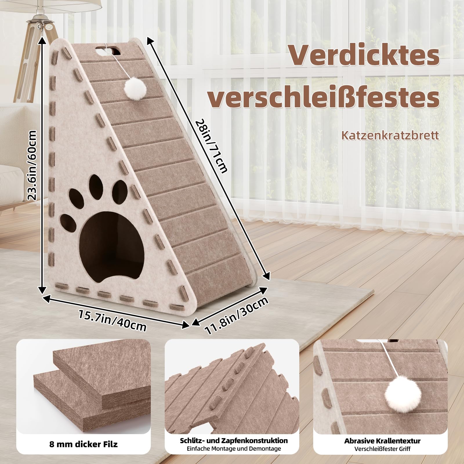 3 en 1 Rascador para gatos, rascar, jugar a descansar, fieltro triángulo casa de gato, fácil de limpiar (beige)