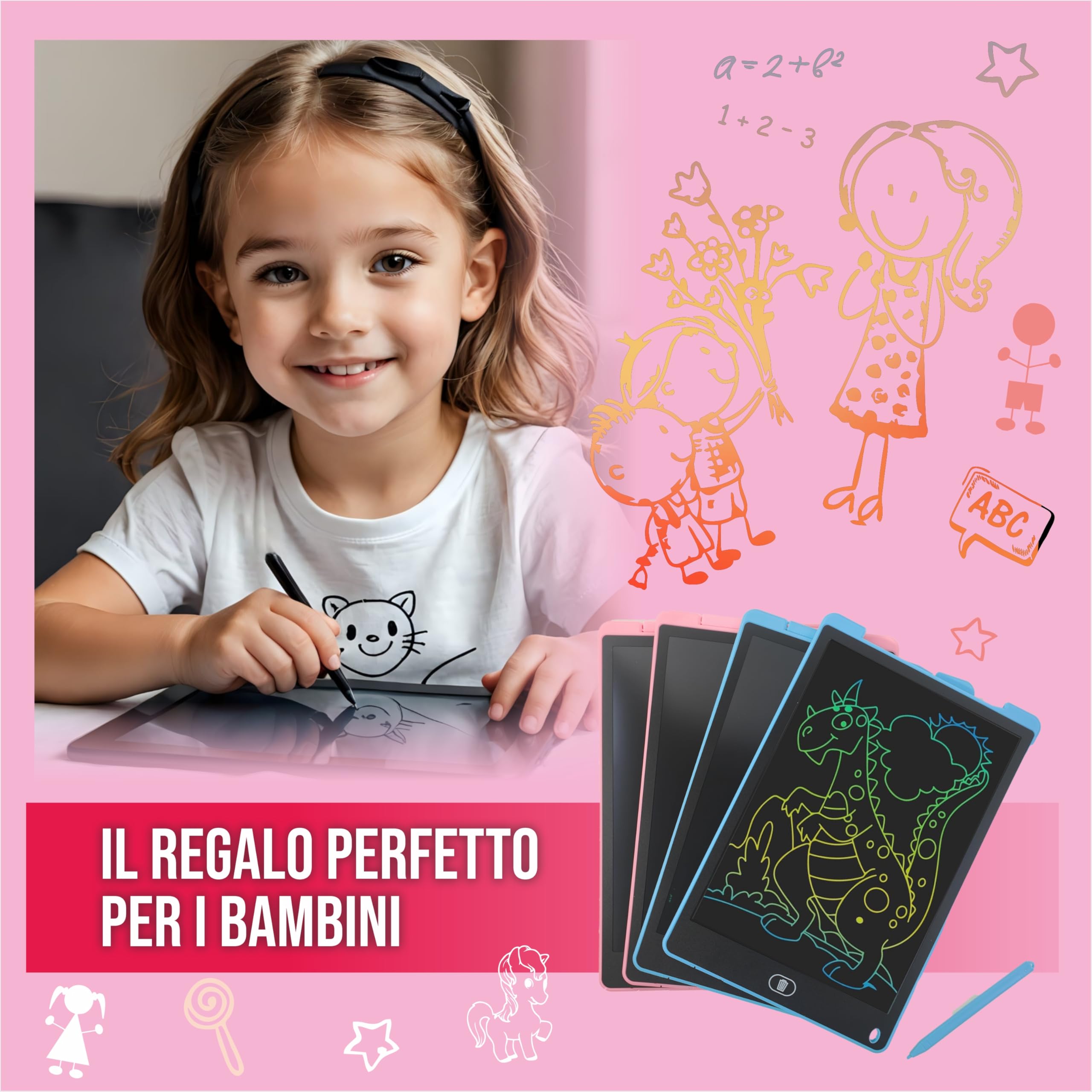 Meridiana - 4 Tavolette Grafiche LCD Scrittura Colorato 12 Pollici, Lavagna da Disegno Cancellabile, Regalo Bambini, Tavoletta Grafica per Giochi per 2 3 4 5 6 7 Anni (Blu&Rossa) (4, Rosa)