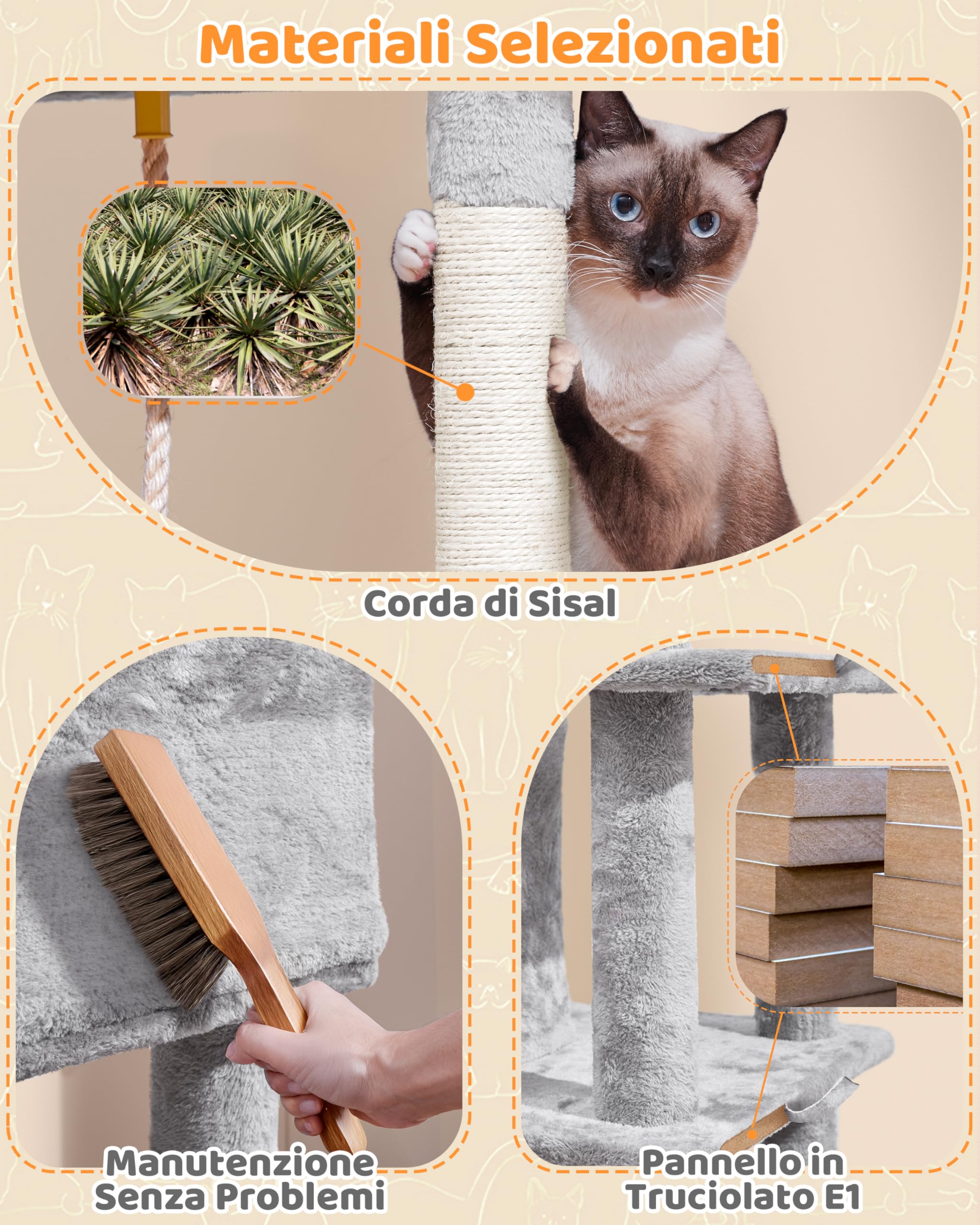 Yaheetech Albero Tiragraffi per Gatti 159,5 cm in Sisal e Truciolato per Gatti Gattini di Piccola e Media Taglia con Condominio Posatoio Amaca Grigio Chiaro