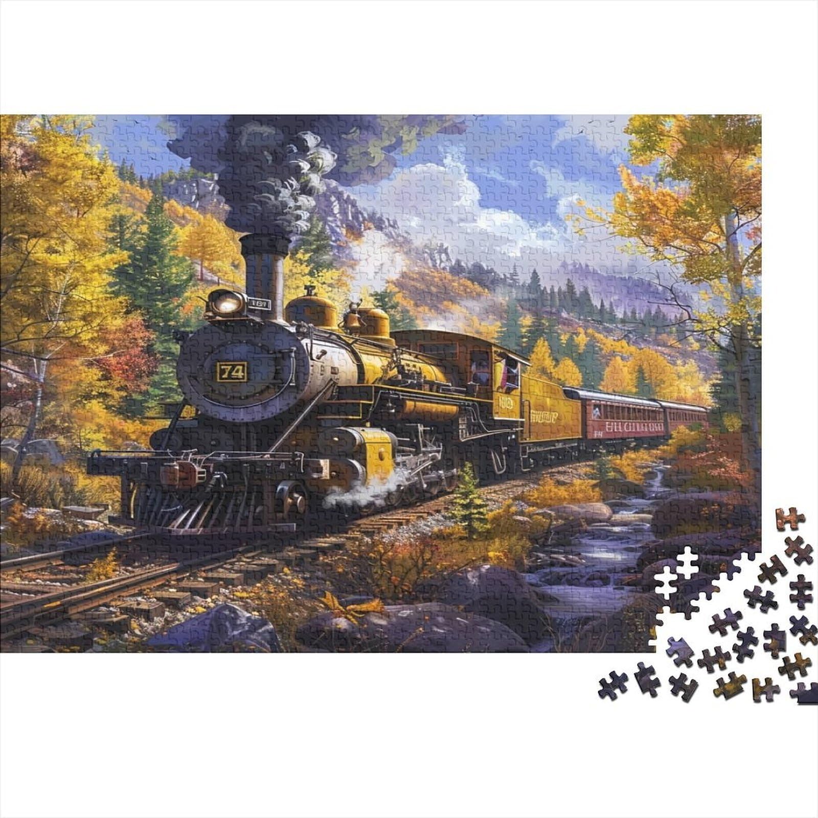 Steam Train 1000 Piece Jigsaw Puzzle Paper for Adults Autumn Forest Puzzle Game for Family Home Decoration 52x38cm/1000pcs
