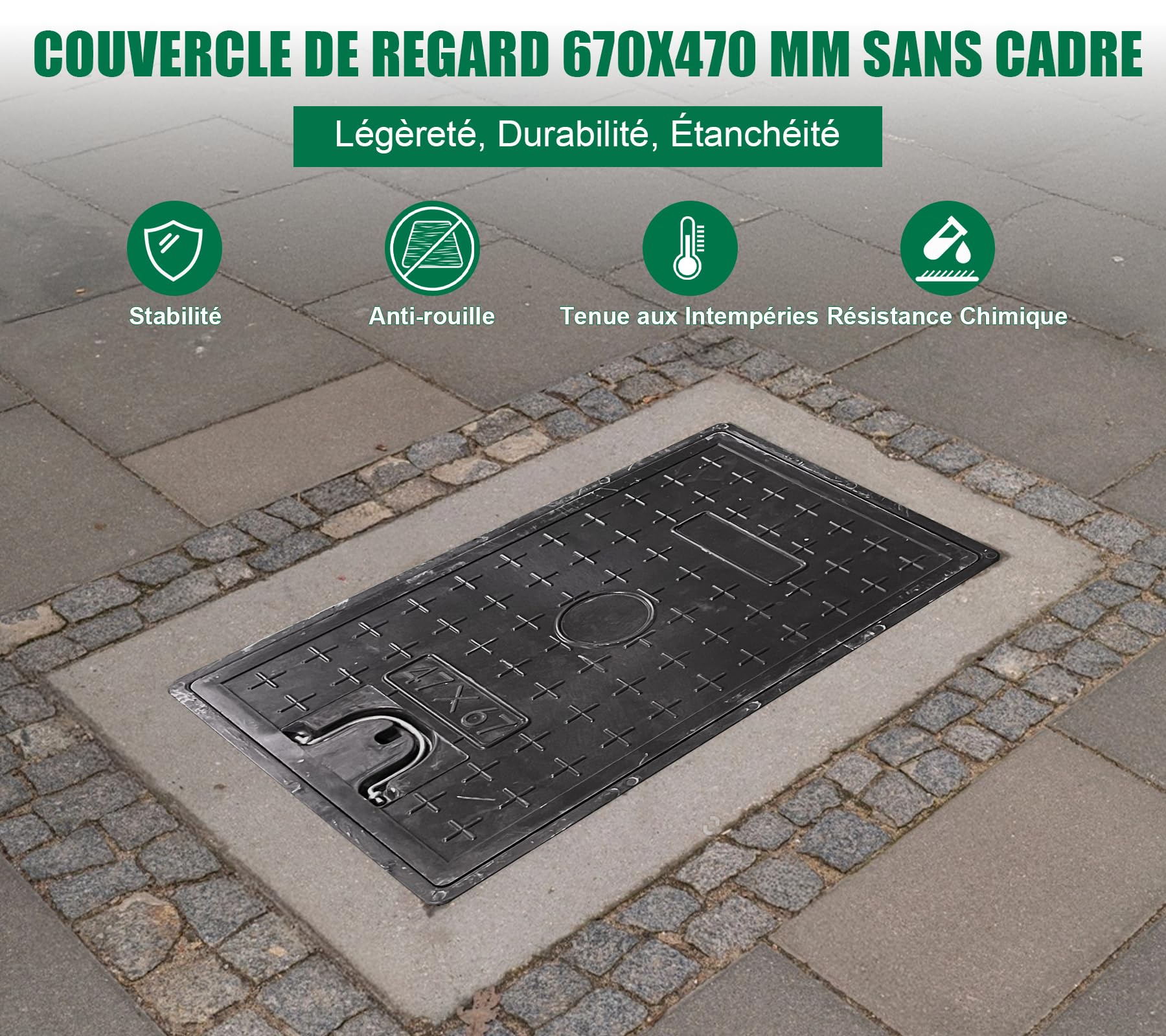 600x400 mm Couvercle de regard en fibre de verre PRV sans cadre, A15 plaque d'égout en FRP rectangulaire avec poignée, Pour l'allée, le jardin, le cour, le trottoir