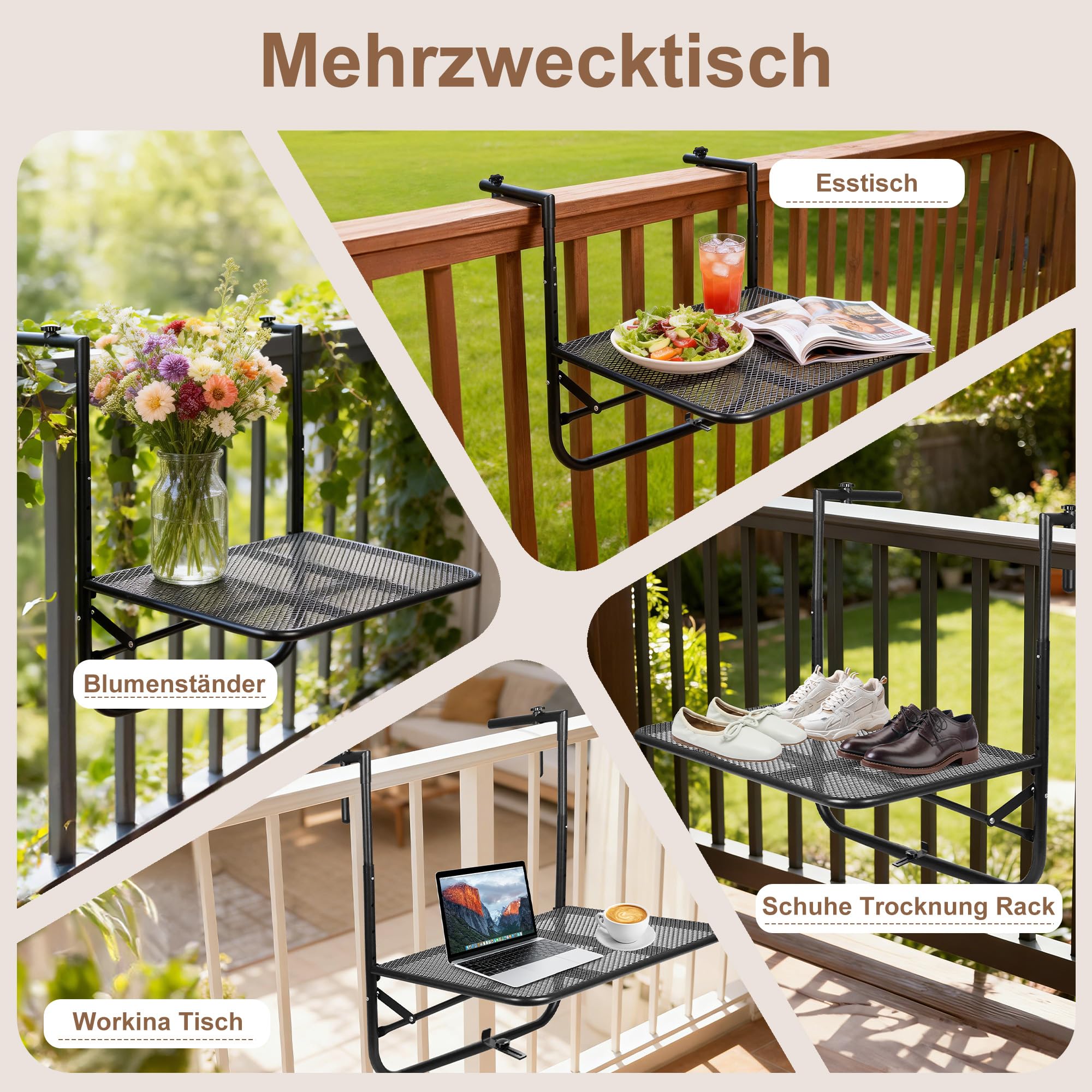 Tavolo sospeso per ringhiera da balcone, in metallo, stabile struttura triangolare, regolabile a 4 livelli, tavolo da balcone pieghevole, tavolo sospeso, tavolo pieghevole per giardino, balcone
