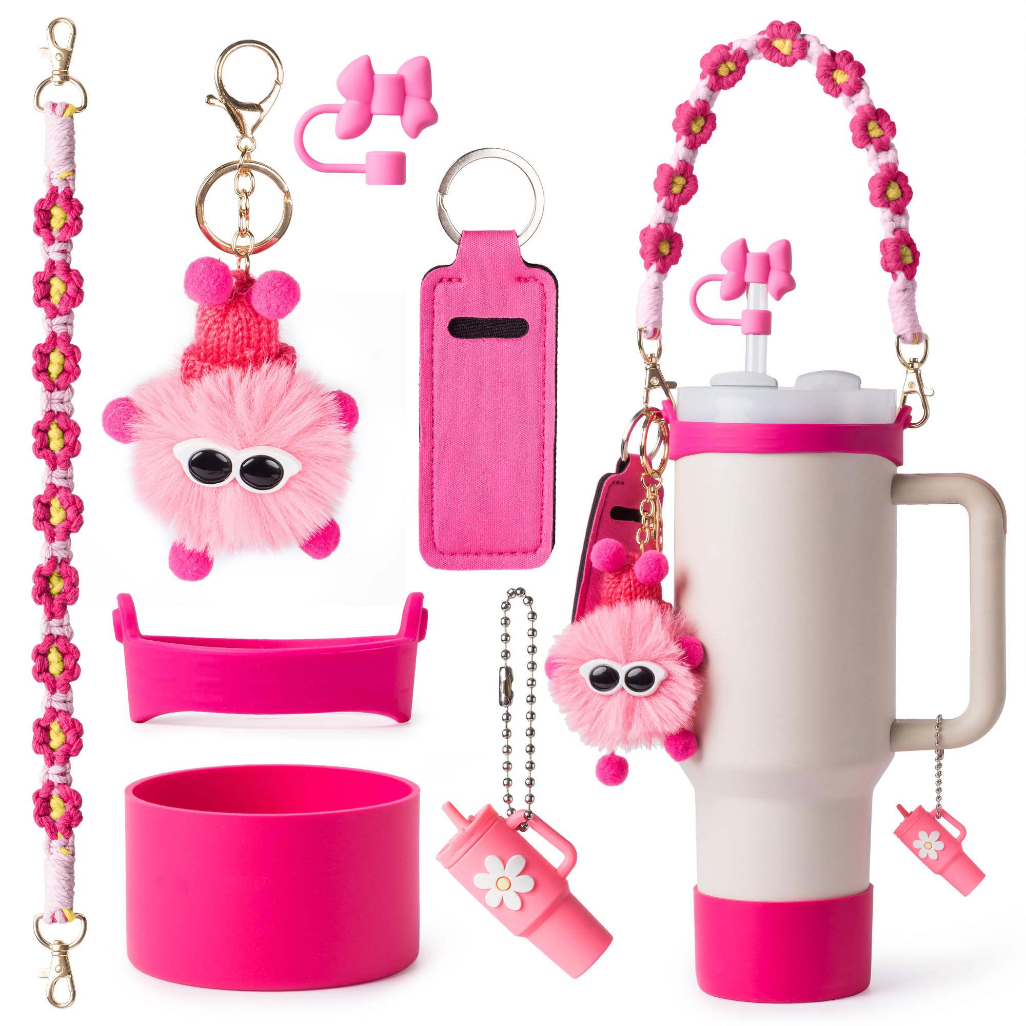 Stanley Cup Accessories Set I Water Bottle Handle Strap, Silicone Cup Boot, Lipstick Holder, Keychain Charms & Handle Charms,Straw Topper Accessories