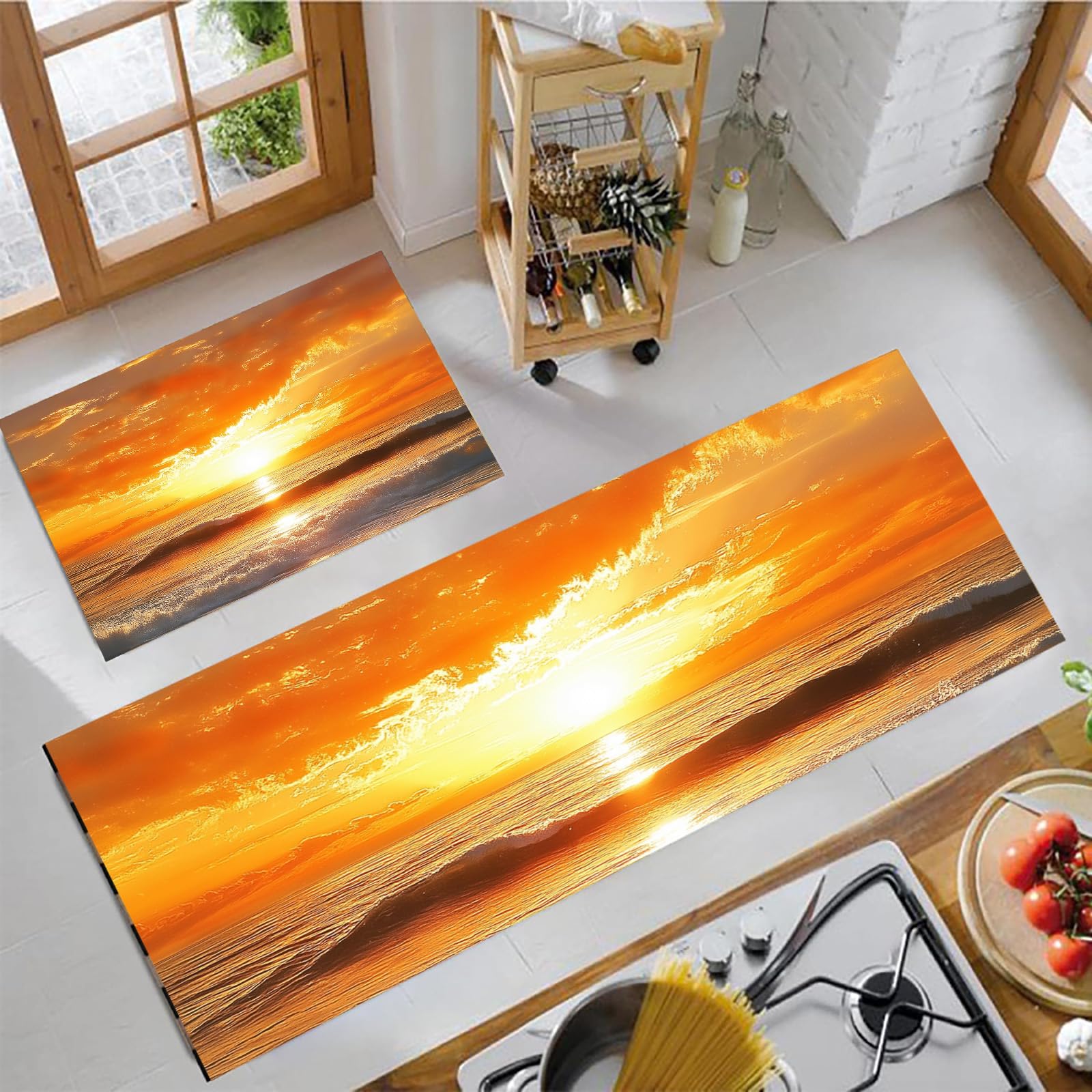 Tapis de cuisine lavable absorbe eau huile tapis de couloir antidérapant paysage plage 2 pièces