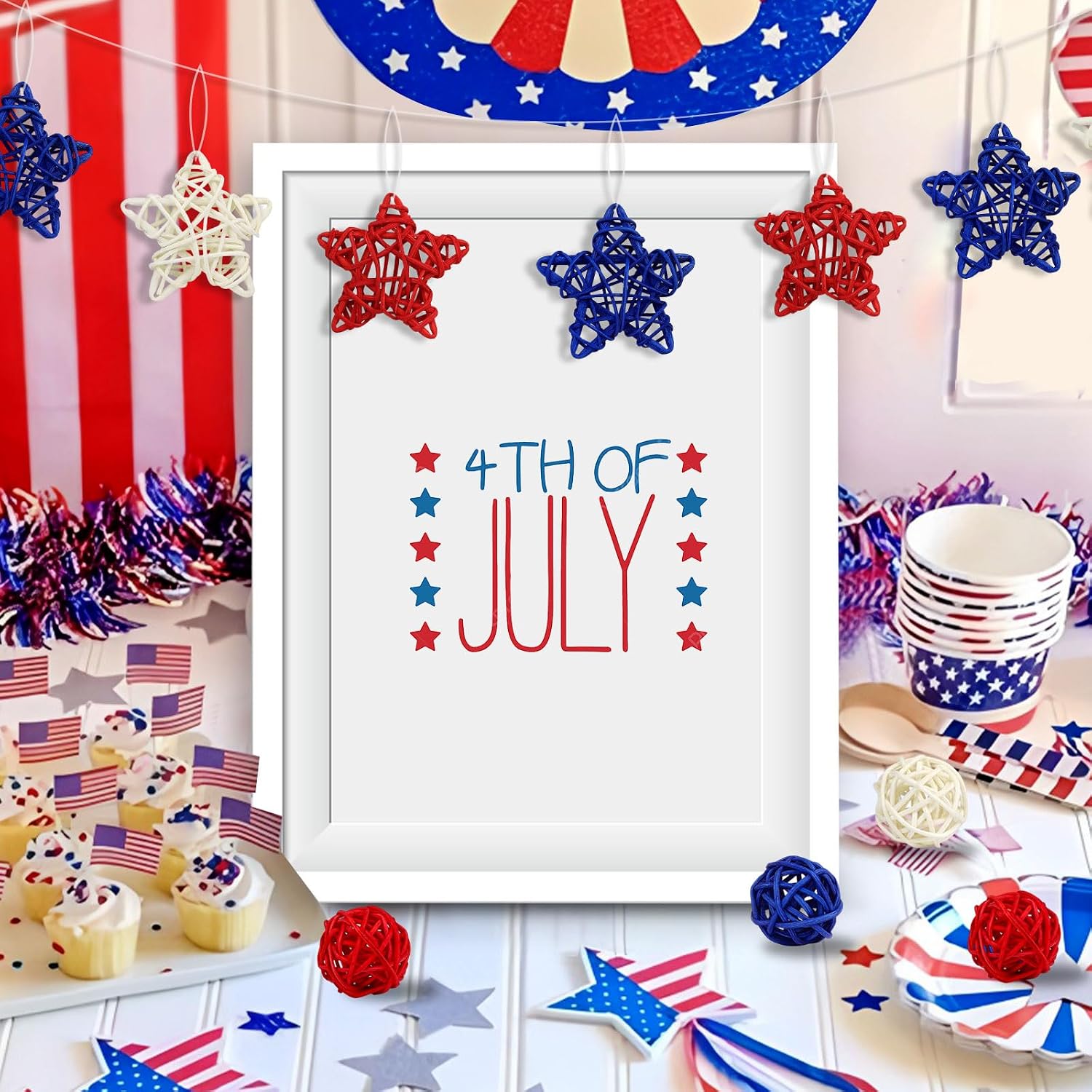 24PCS Balls Rattan Decoration,Star Shaped Wicker Balls,Rattan Wicker Ball for 4th of July Independence Day Home Decor DIY Spring Vase Filler Ornament Table Decoration