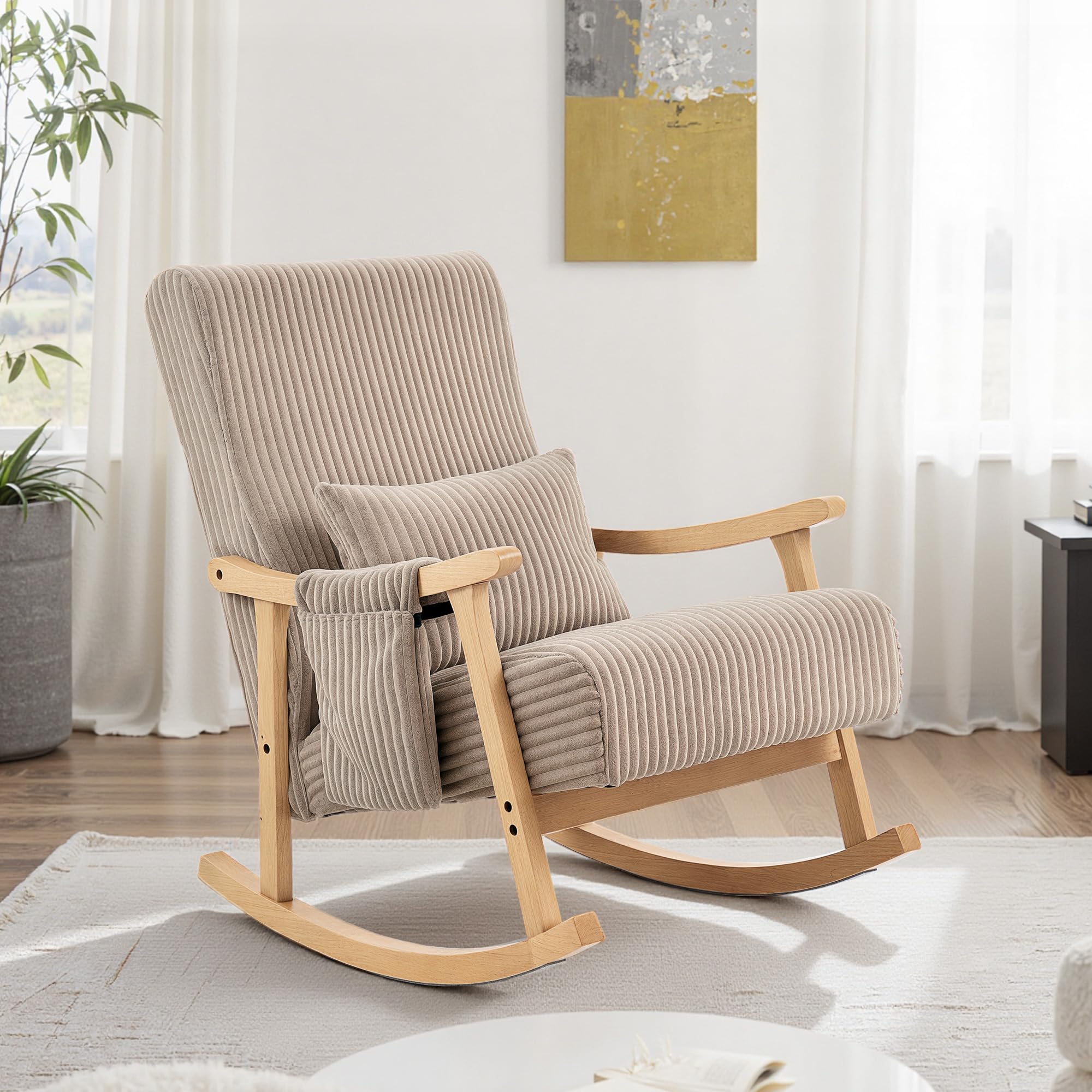 HOMCOM Silla Mecedora, Mecedora de Pana con Cojín Lumbar, Patas y Reposabrazos de Madera, Asiento Ancho, Bolsillo, Estilo Moderno, Sillón de Relax, Carga 120 kg, para Dormitorio, Salón, Marrón Claro