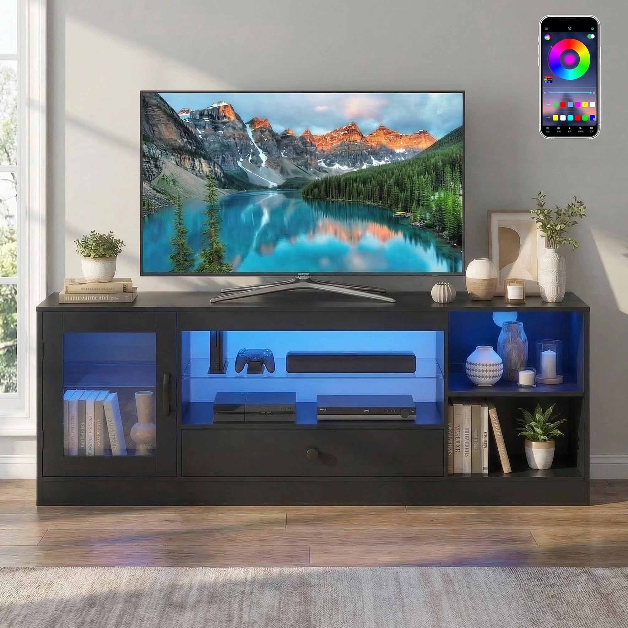 TV Stand Cabinet for TVs up to 60 inch,TV Unit with RGB Lights,Gaming Entertainment Center with Door&Drawer&Open Adjustable Storage Glass Shelf,TV Console Table for Living Room Bedroom,Modern (Black)