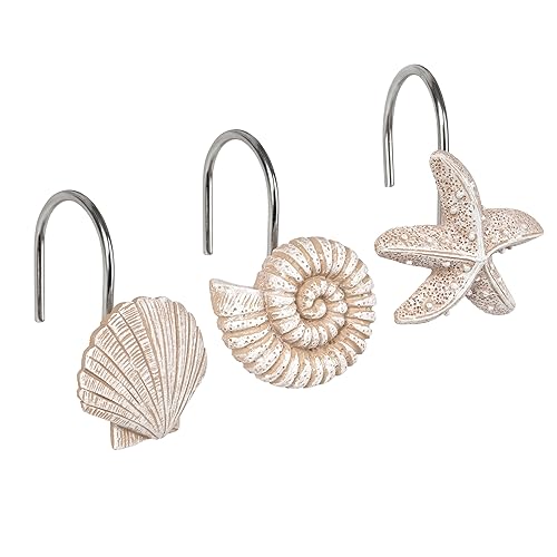 Sunlit Seashells Decorative Shower Curtain Hooks, Scallop Nautilus & Starfish