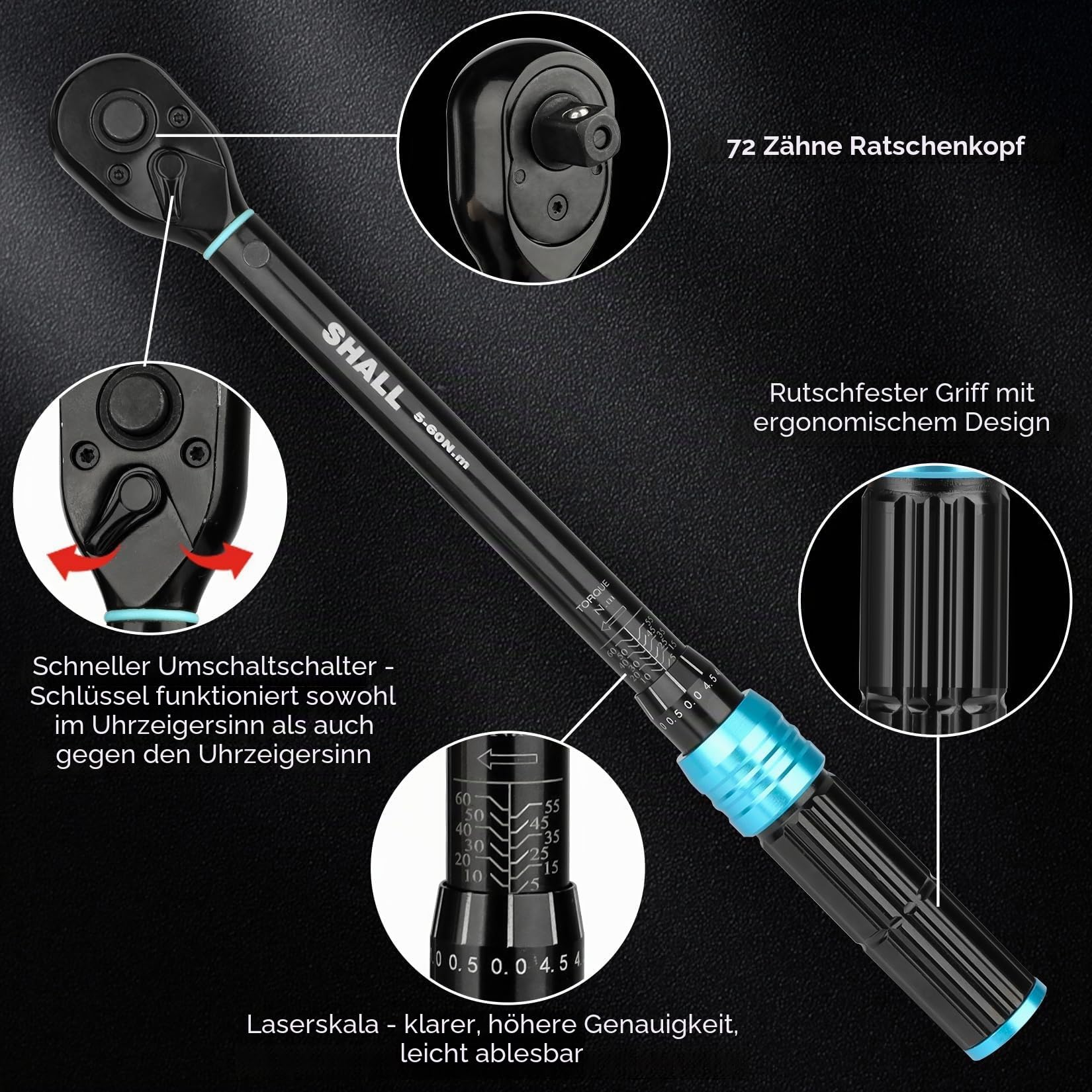 Shall 11-teiliger 3/8-Zoll-Drehmomentschlüsselsatz (5–60 Nm), in zwei Richtungen verstellbar, 72 Zähne, geeignet für die Wartung von Autos und Motorrädern