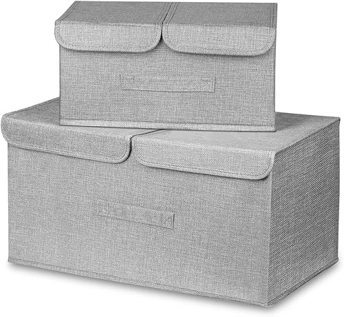 Contenedores de almacenamiento plegables de tela de lino con doble tapa y asas, contenedor organizador de tela para guardería, hogar, dormitorio,