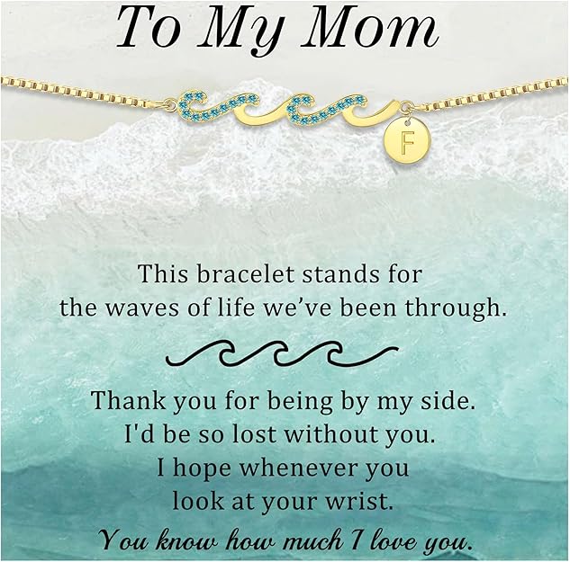 Dainty Gold Bracelet with Initials, Gifts for Women Initial Bracelets for Women Mom Gift Teen Gifts Trendy Stuff Wave Bracelet Grandma Graduation Gifts for Her 2025 Daughter Friend Letter A-Z Birthday Christmas Jewelry