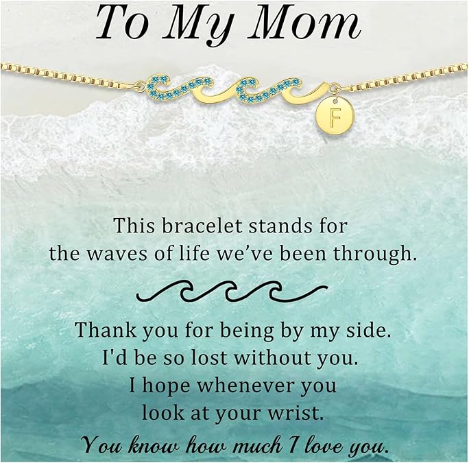 Dainty Gold Bracelet with Initials, Gifts for Women Initial Bracelets for Women Mom Gift Teen Gifts Trendy Stuff Wave Bracelet Grandma Graduation Gifts for Her 2025 Daughter Friend Letter A-Z Birthday Christmas Jewelry