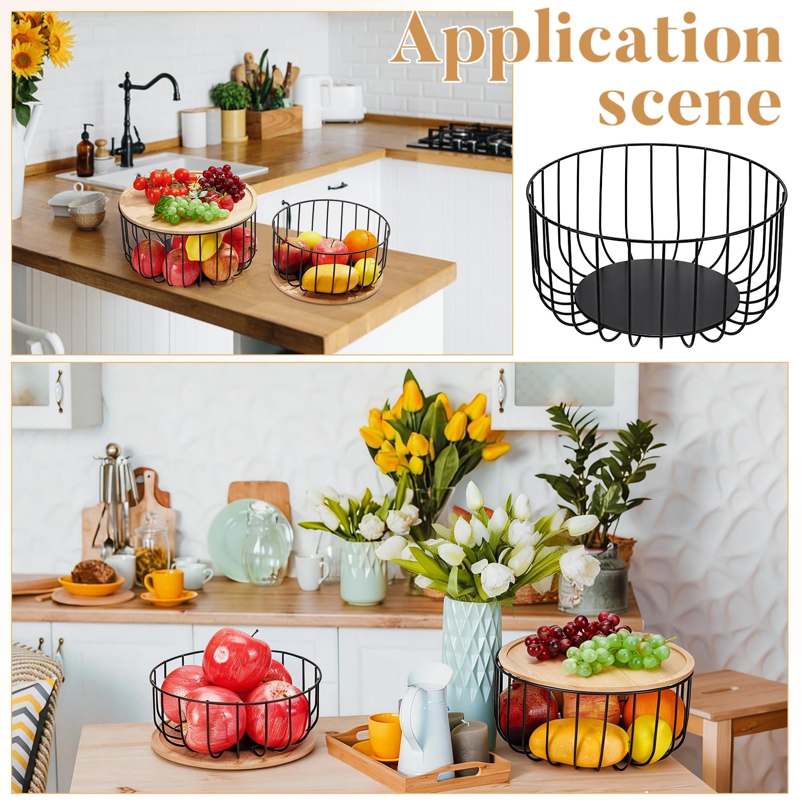 Ensemble de 4 panier à Fruits pour Comptoir de Cuisine Panier à Fruits Rond de Taille 4 avec Couvercle en Bois Bac de Comptoir pour Fruits et Légumes Citron Banane Candy(Noir)