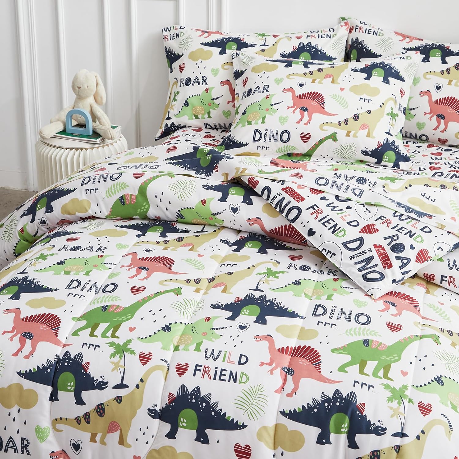 Joyreap 6 Piece Twin Size Bed in a Bag, Colorful Dinosaur on White Design, Microfiber Comforter Set for Kids Boys n Girls (1 Comforter, 2 Pillow Shams, 1 Flat Sheet, 1 Fitted Sheet,1 Pillowcase) - Image 5