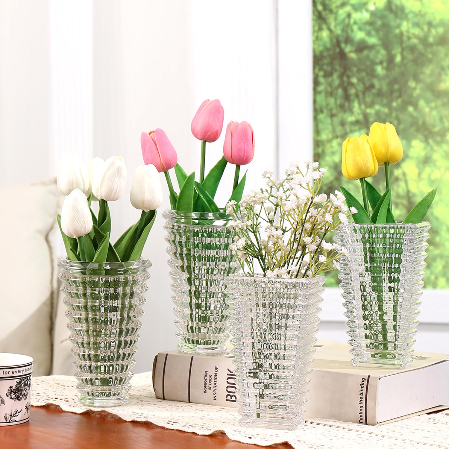 MCMCNCUIU Crystal Flower Vase Set of 4, Glass Vases for Centerpieces, Clear Vases for Flowers, Small Vase for Living Room, Bedroom, Kitchen, Office, Wedding