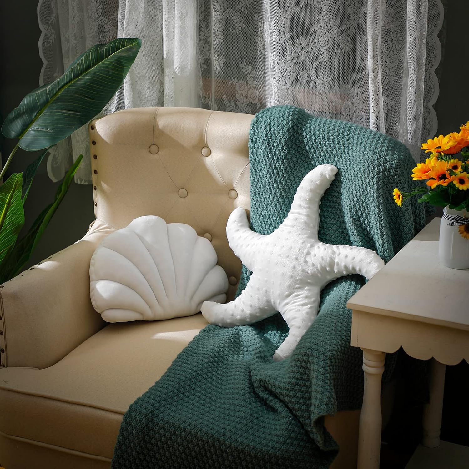 Newwiee 2 Pcs Starfish Pillow 14 x 11 Inch Seashell Throw Pillows 20 Inch Beach Starfish Shaped Throw Pillows Soft Home Decorative Pillow Cute Plush Coastal Decor for Bed Couch Living Sofa Room Decor