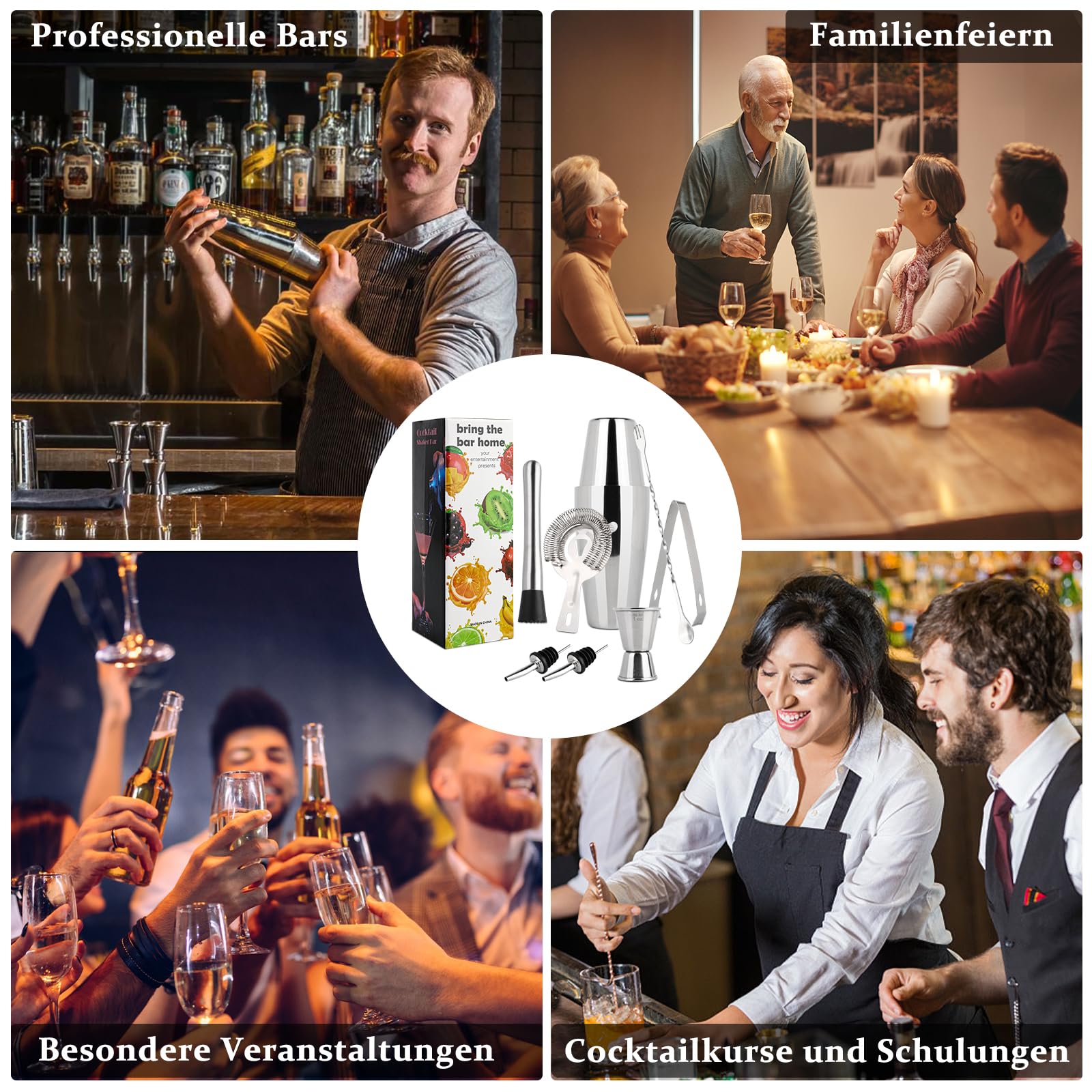LIVE4COOL Boston Shaker, 8-teiliges Cocktail Set - 750 ml Edelstahl Cocktail Shaker Sets für Zuhause und Bar, inklusive Rezeptkarten und Zubehör, perfekt als Präsent für Anfänger und Profis