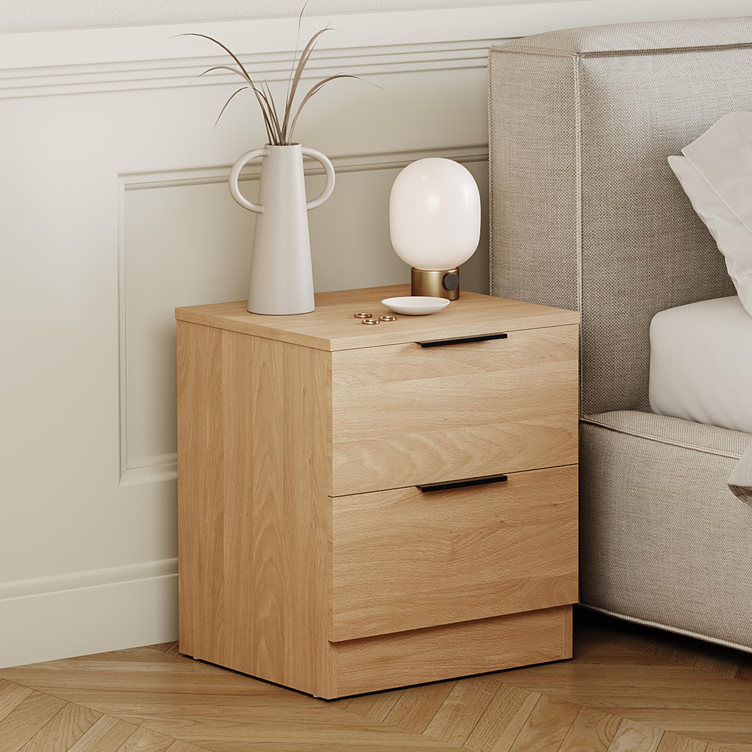 Vida Designs Trega 2 Drawer Bedside Cabinet Pine - Compact Space-Saving Nightstand - 41H x 39W x 28D cm - Engineered Wood - Glide Drawers, Modern Black Handles - Ideal for Bedroom & Guest Room