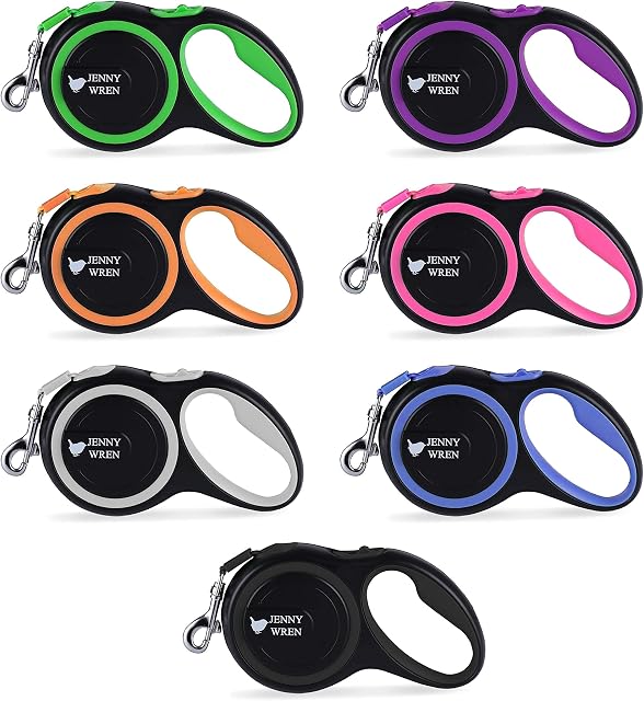 Jenny Wren Tangle-Free, Retractable Dog Lead with Anti-Slip Handle; 8M / 26FT Reflective Strong Nylon Tape/Ribbon; One-Handed Brake, Pause, Lock Pink