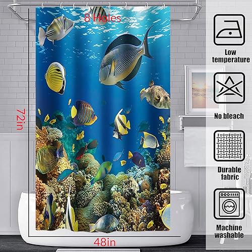 Miniatura 4 de Yeele Cortina de ducha con diseño de pez azul océano, juego de cortina de ducha de animales marinos, juego de cortina de ducha de poliéster