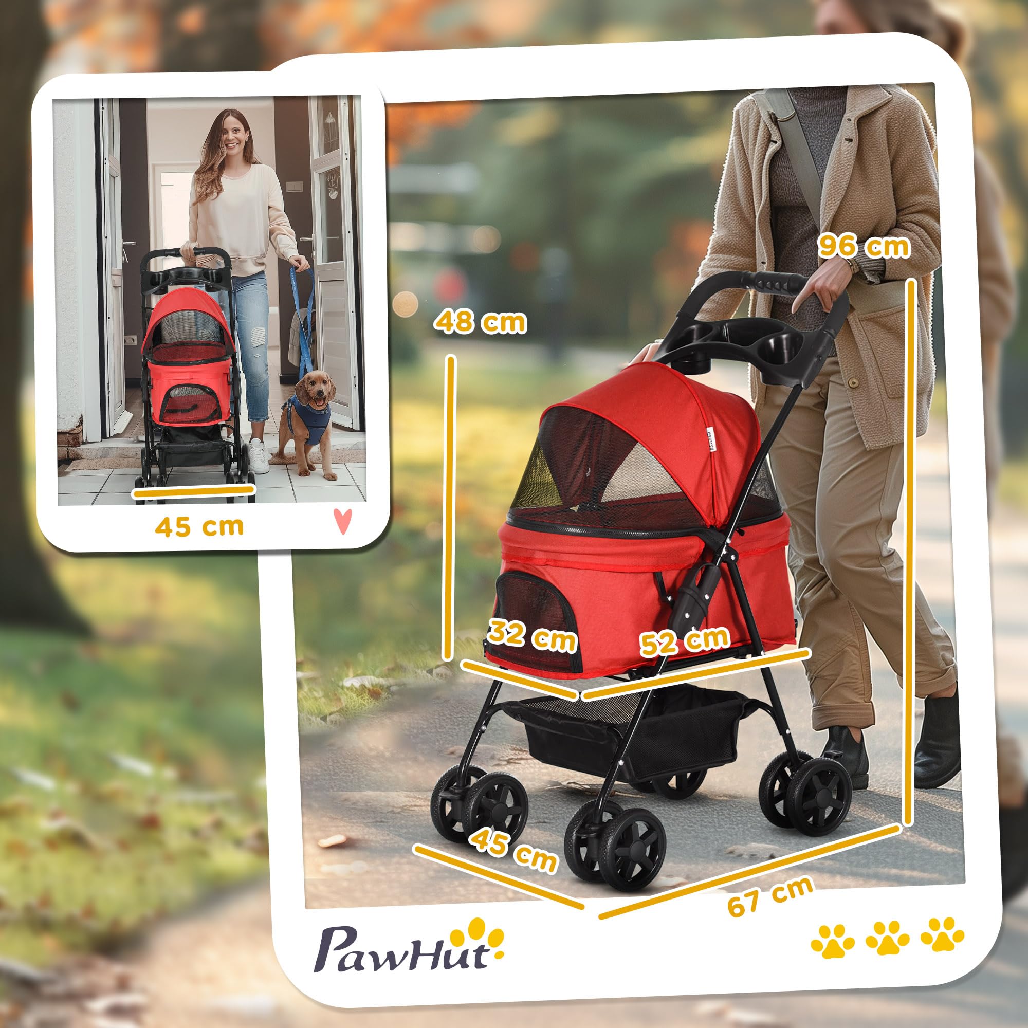 PawHut Poussette buggy pliable chien chat panier rangement porte-gobelets tissu 300D Oxford imperméable 4 roues rouge
