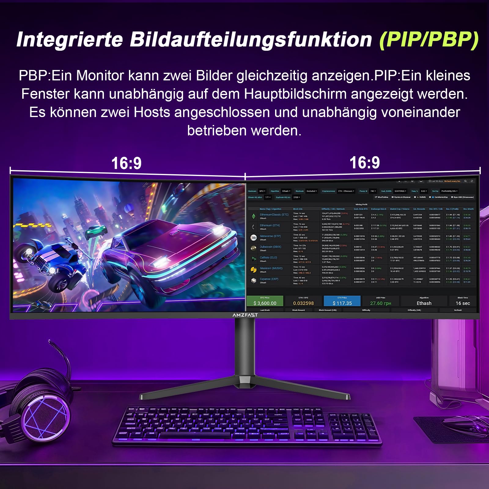 Amzfast Monitor Gaming Curvo 49 Pulgadas - DQHD 5120x1440 (32:9), 120 Hz, 1 ms MPRT, Adaptive Sync, sRGB 120%, Luminosidad 350cd/m², HDMI 2.0, DisplayPort, Eye Care, VESA 75x75, Pip/PBP, AMZG49C7U