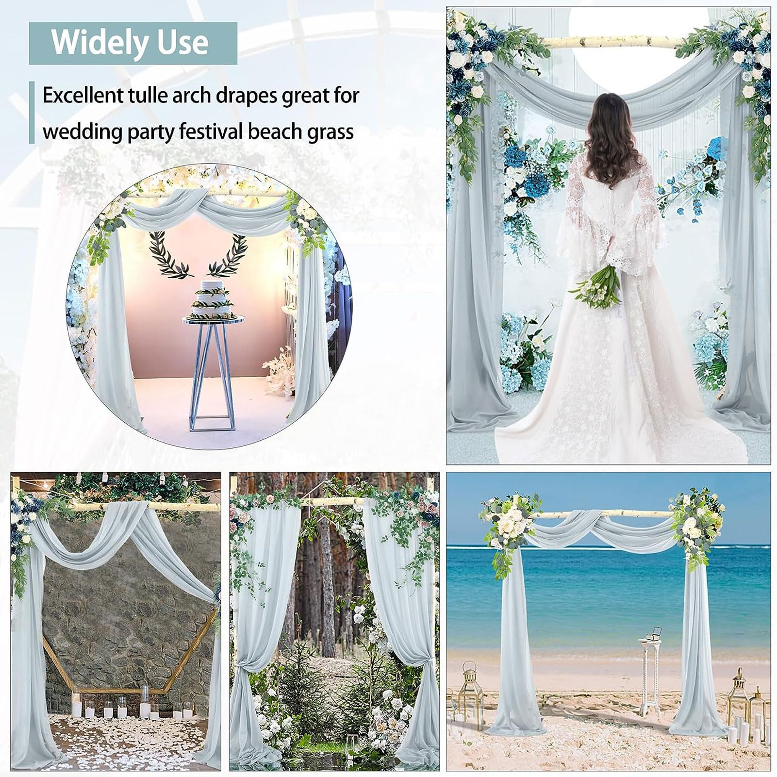 HUHJYUGE Mariage Arche Tenture, Extérieur Mariage Rideau Tulle pour Fond de Décor Pelouse Voilage Drapés Mousseline de Soie, pour Arche de Mariage, Fête Prénatale (12 400cm)