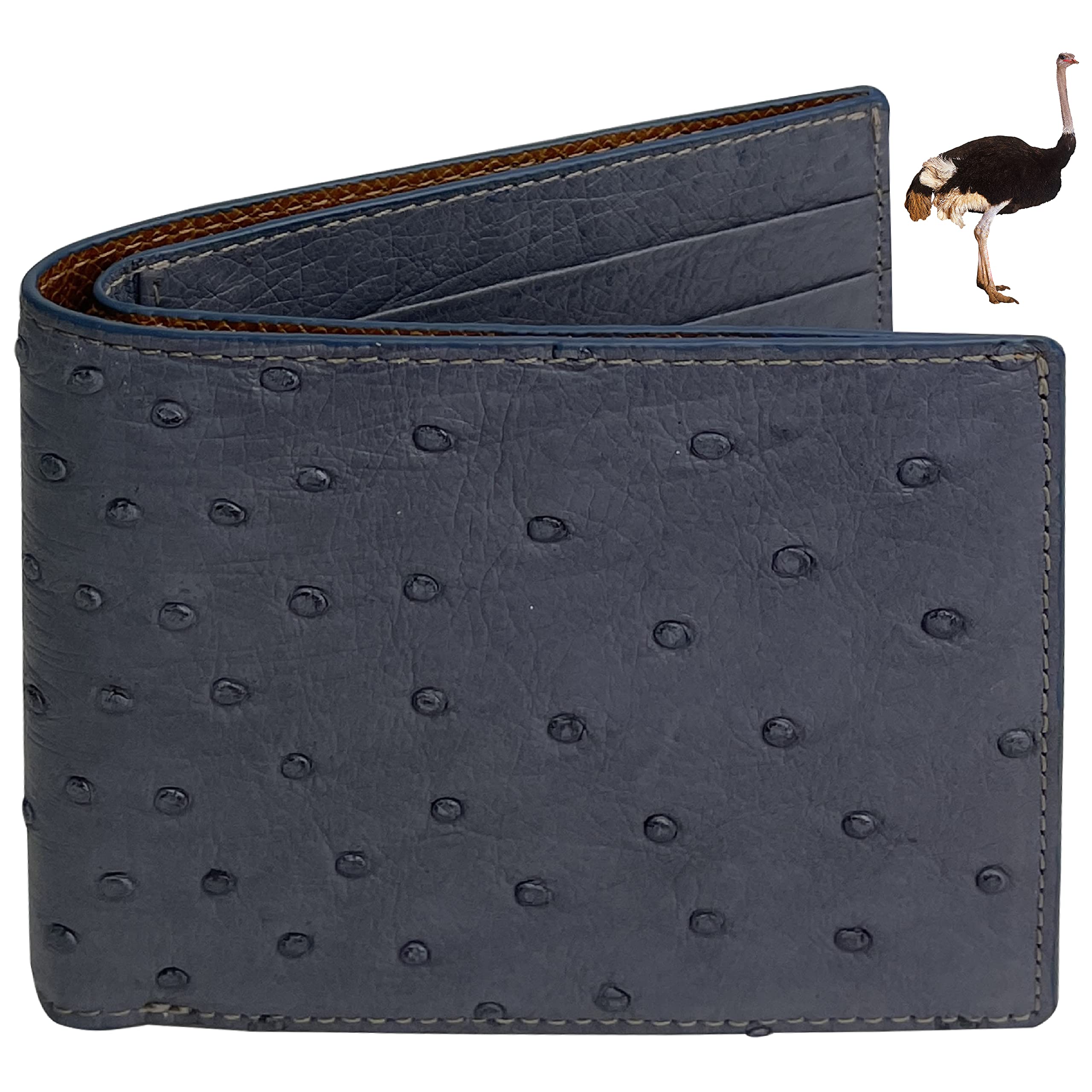 HATA Grey Ostrich Leather Bifold Wallet for Men, Double-Sided Ostrich Billfold with RFID Blocking, Handmade Leather Wallet Gift for Birthday, Anniversary, Father's Day VINAMOS-00