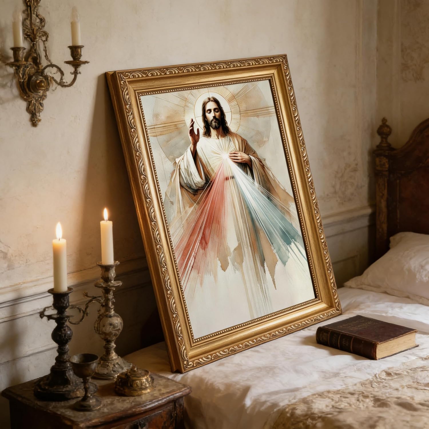 Vintage Gold Framed Sacred Heart of Jesus Wall Art Divine Mercy Wall Decor Jesus Portrait Picture Christian Canvas Prints Religious Painting for Living Room Bedroom Church