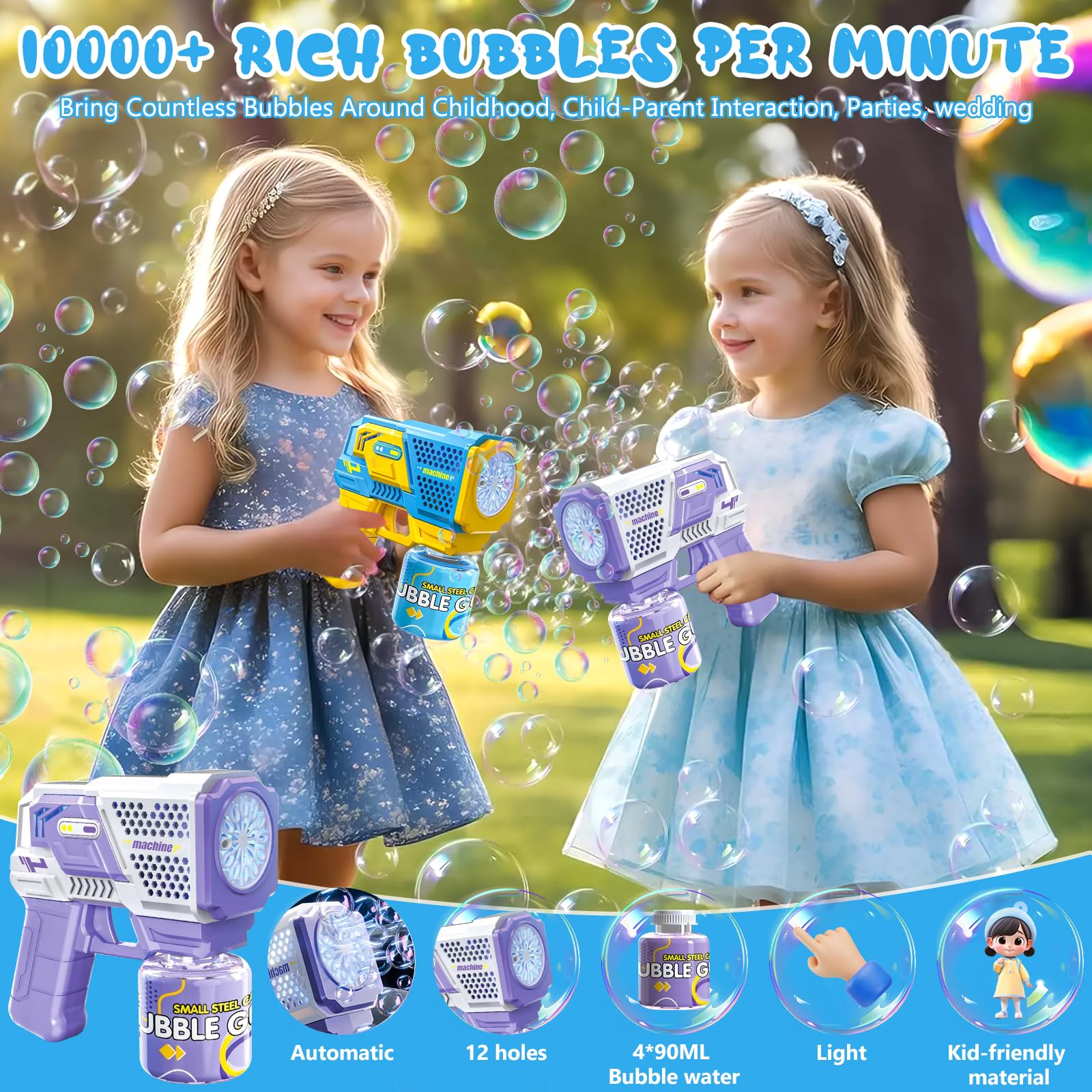 2 Pistolas de Burbujas para Niños, Máquina Automática de Burbujas LED de Jabón 10000+ Burbujas con 4 Soluciones (90 ml), Juguete de Verano, Regalos para Cumpleaños Fiestas, Aire Libre Bodas