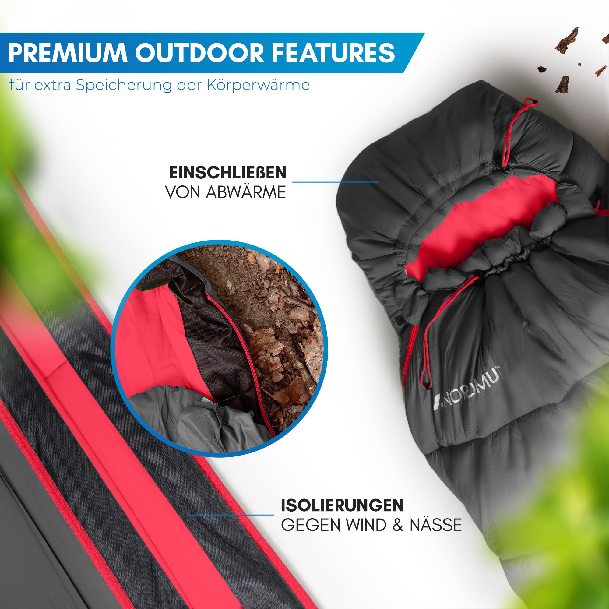 NORDMUT® Schlafsack Erwachsene – kleines Packmaß & Ultraleicht (900/1500g) – 3-Jahreszeiten (250 GSM) & Sommerschlafsack (100 GSM) – Mumienschlafsack für Camping, Outdoor & Festivals