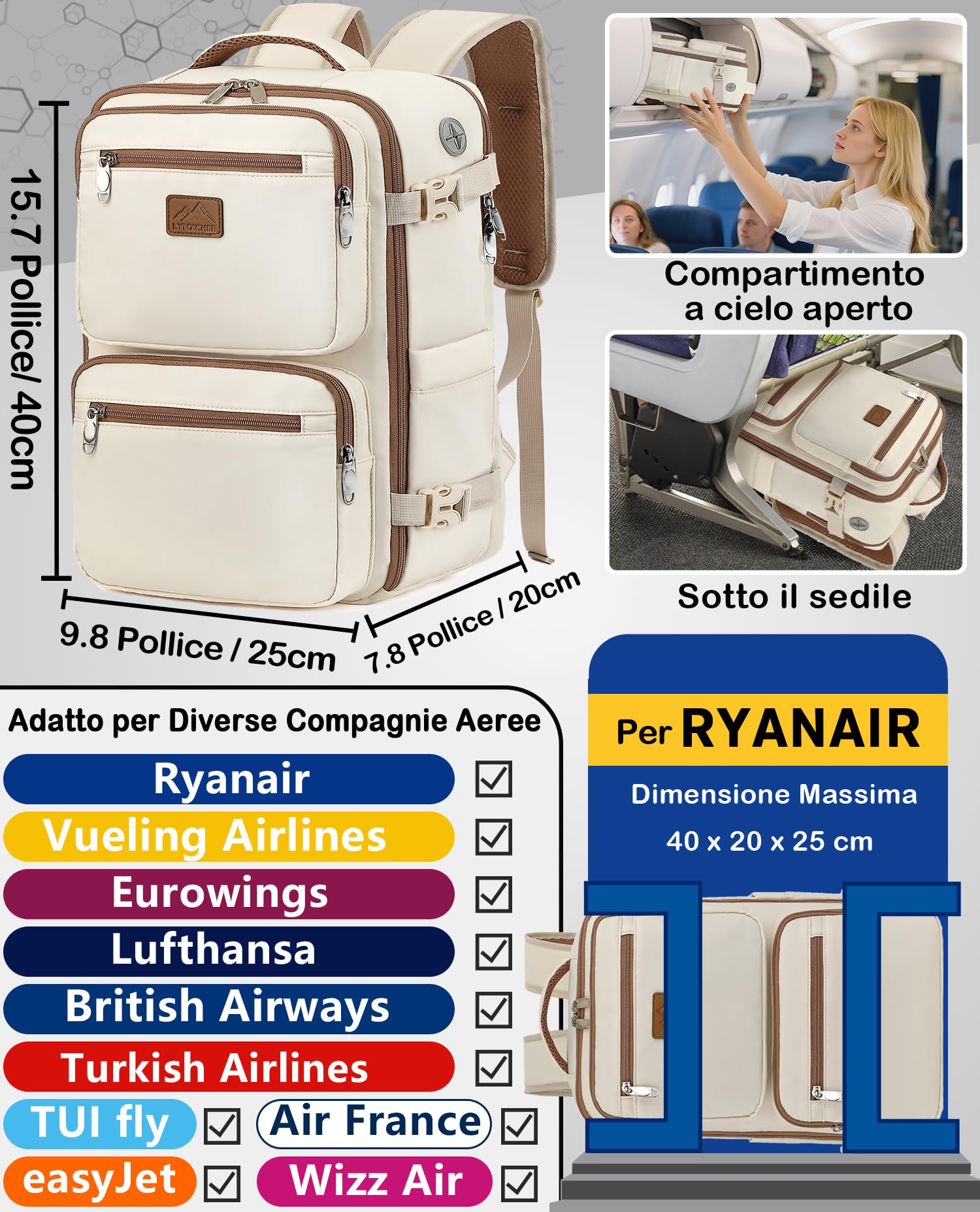 LYNXCHER Zaino Ryanair 40x20x25 da Viaggio Aereo Bagaglio a Mano 20L per Uomo e Donna Borsa da Cabina 14 Pollici Porta PC Riso Bianco