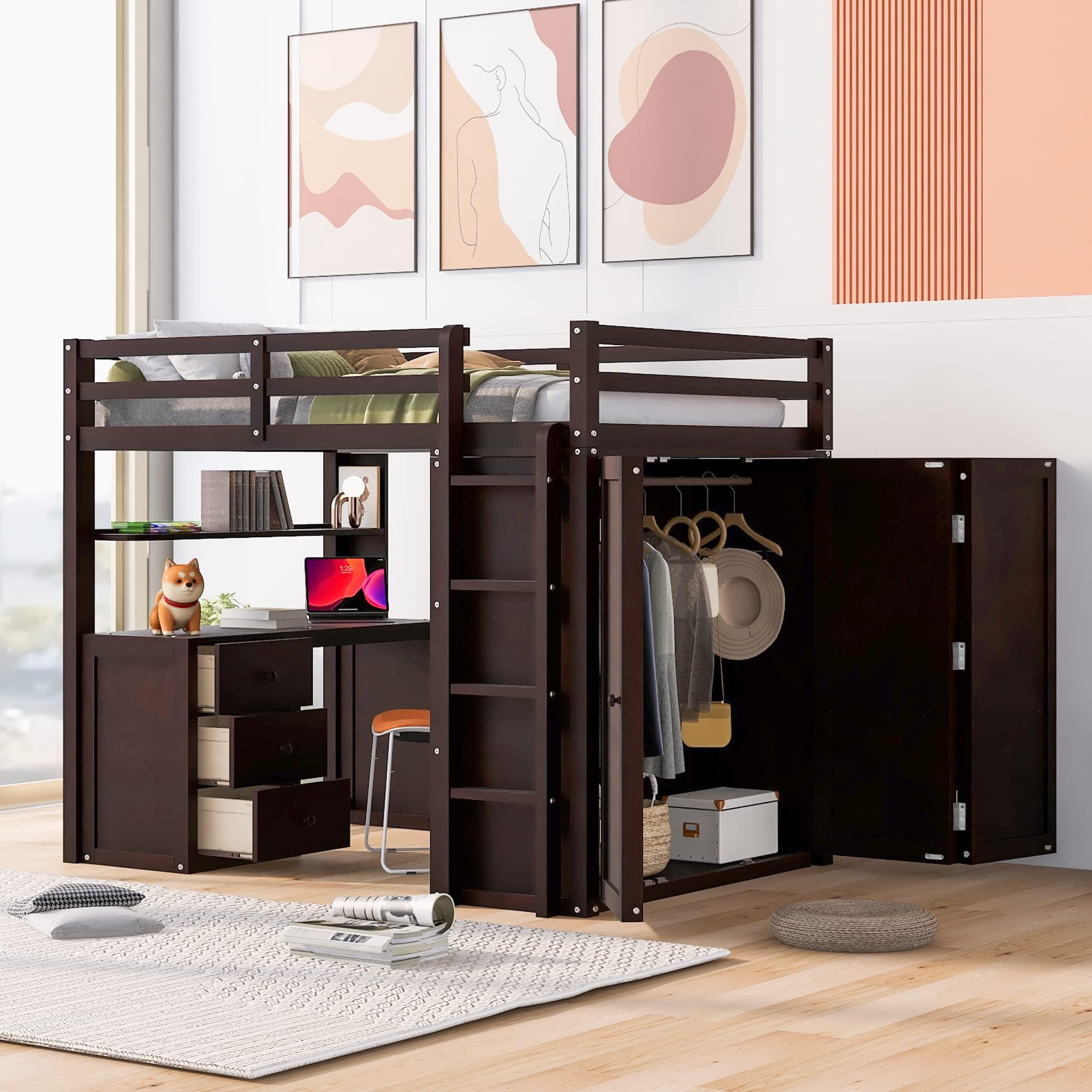 VilroCaz Multi-Functional Full Size Loft Bed with Built-in Wardrobe and Desk, Solid Wood Loft Bed Frame with Shelves and Safety Guardrail for Kids Teens Adults, Maximized Space (Espresso-FN)