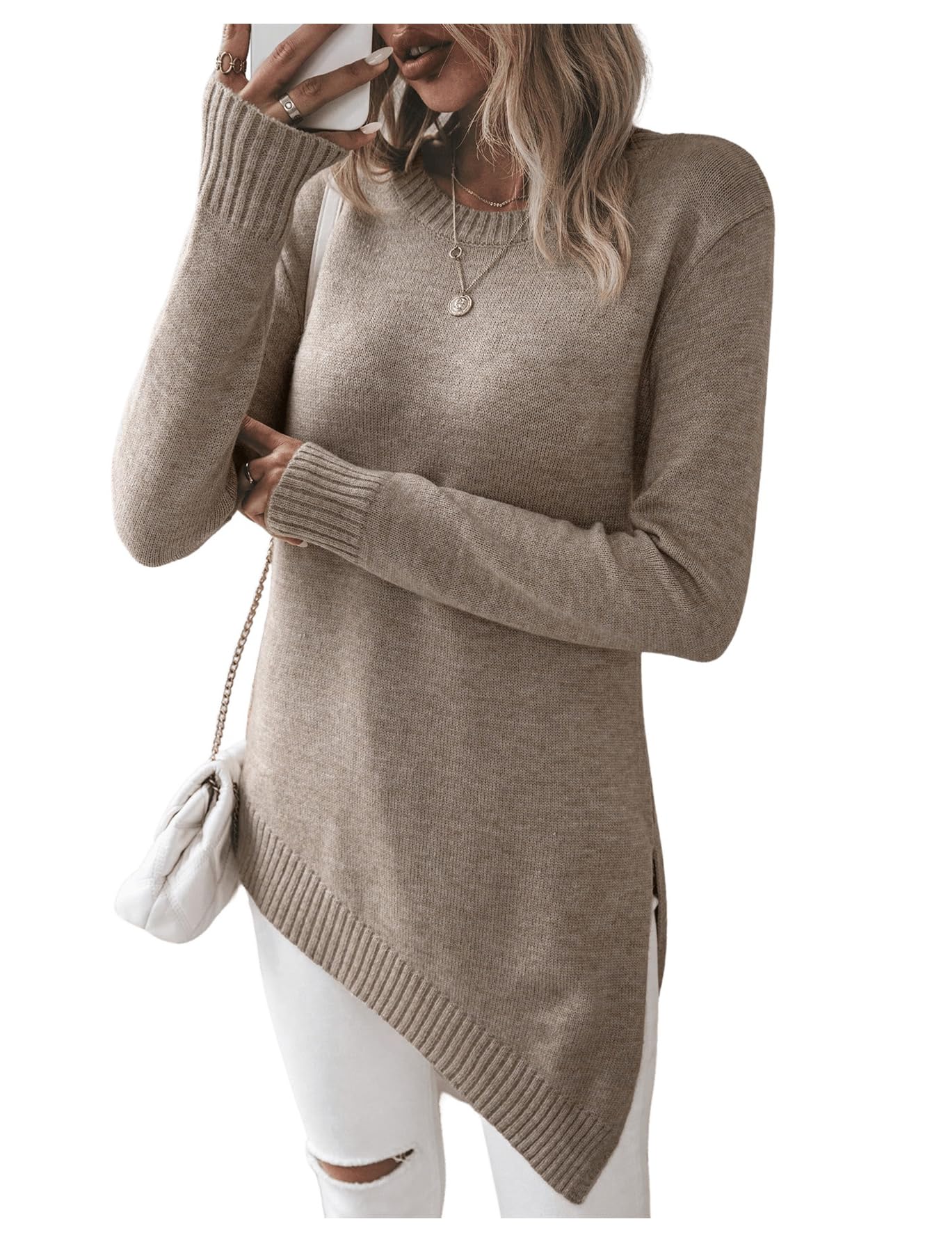 Verdusa Womens Elegant Asymmetrical Cozy Sweaters Slit Pullover Tops Fall Clothes
