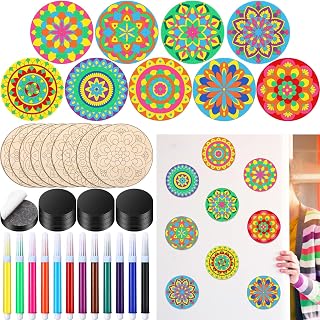 Vercraft 18 Pcs DIY Wooden Mandala Magnets Diwali Crafts Color Your Own Small Self Adhesive Magnet for DIY Craft Fridge Refrigerator Pendants(Stylish Style)