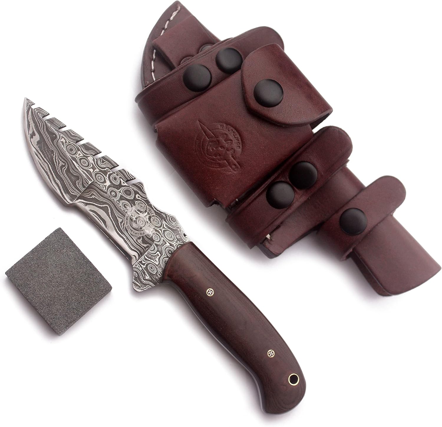 Handmade Damascus Steel Tracker Knives EDC for Hunting, Bushcraft, Camping and Tracker Knife with Fixed Blade with G10 Handel Cowhide-Leather Sheath&Sharpening Stone (SAW BACK-38 BROWN)