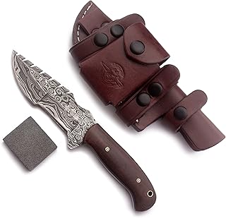 WolfKlinge Handmade Damascus Steel Knife EDC for Hunting, Bushcraft, Tracker Knife with Fixed Blade G10 Handle with Cowhide Leather Sheath - Wolf 38 Brown