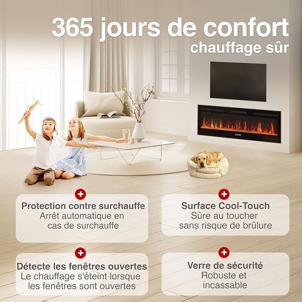 KAMINIO Cheminée Electrique Marlon - Cheminée Électrique 3-en-1 avec Chauffage, Effet de Flamme 3D, 12 Couleurs de Flammes, télécommande (60 Pouces) - 5