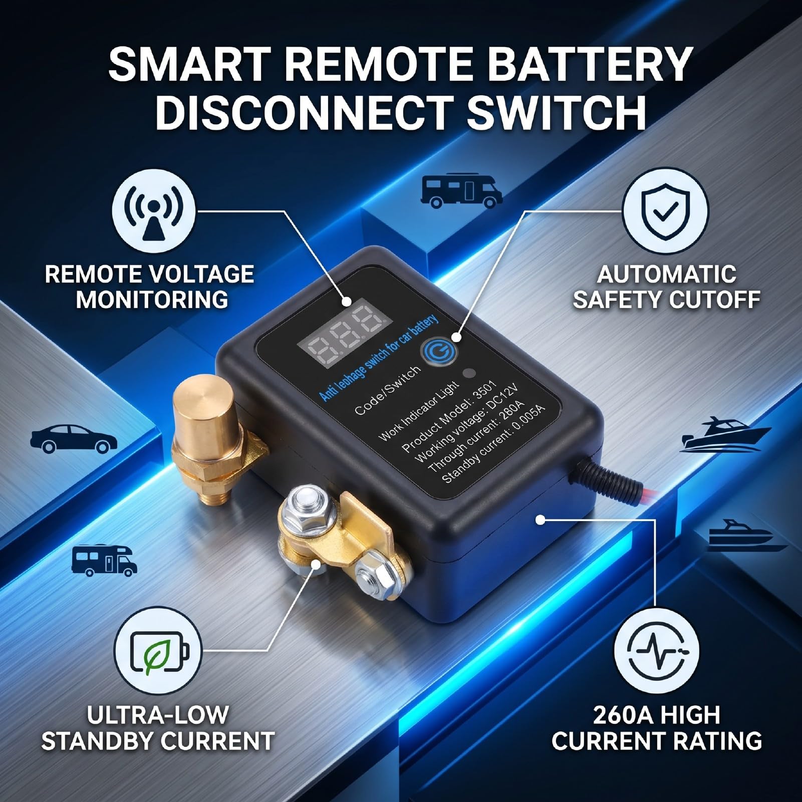 Interruptor de Desconexión de BateríA Remota de 260 A con Pantalla de Voltaje LED, Apto para Corte de Energía Inteligente para Automóviles, Vehículos Recreativos, Camiones y Vehículos Todo