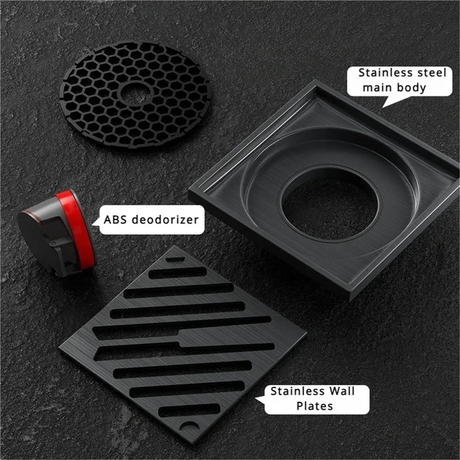 Drenaje De Suelo Desagüe de Suelo Cuadrado Acero Inoxidable for baño, a Prueba olores, antiobstrucción, fácil Instalar para Lavabo(Dark Grey)