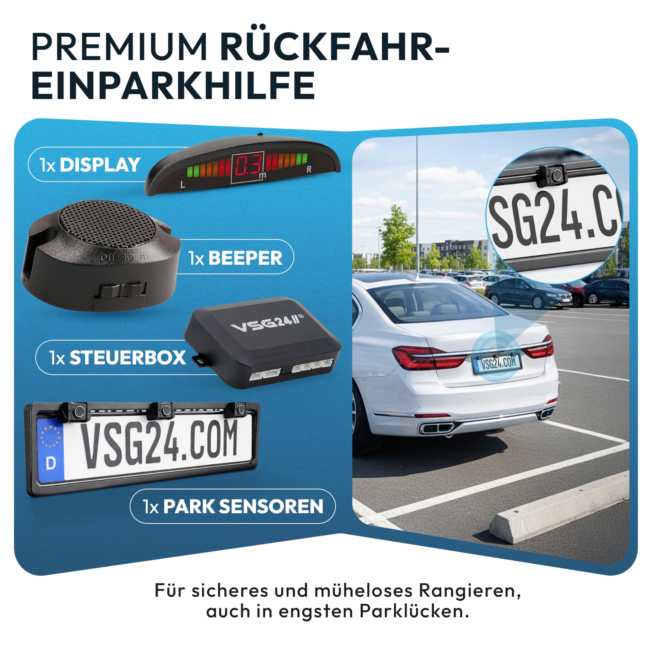VSG24 Kennzeichen Einparkhilfe mit Display & Lautsprecher – robuste Parkhilfe vorne oder hinten mit 3 Sensoren – LED-Anzeige & akustischer Rückfahrwarner – 30–150 cm – 12V PDC Nachrüstset