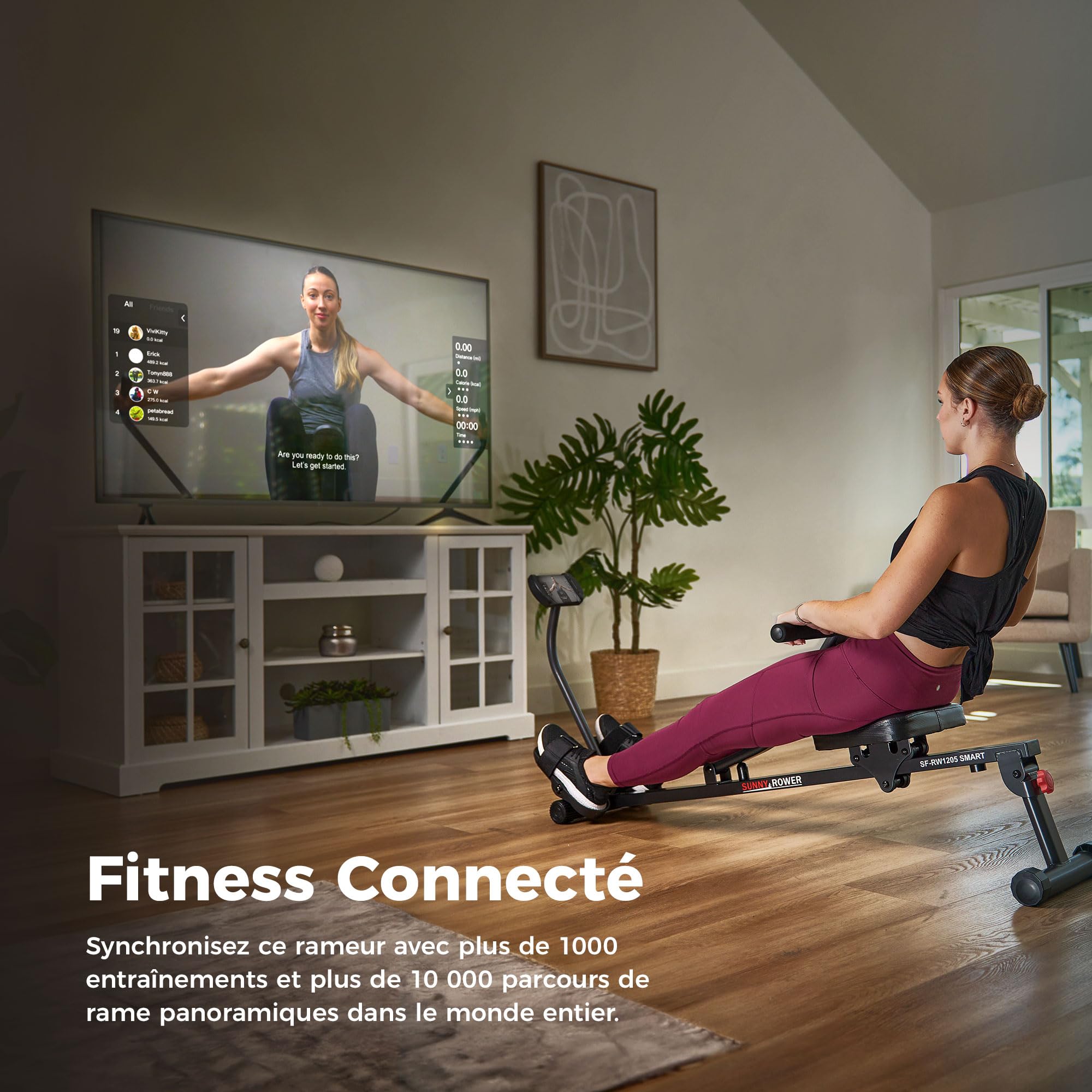 Sunny Health & Fitness Rameur de Fitness Compact 12 Niveaux de Résistance Réglable avec Connexion SunnyFit APP