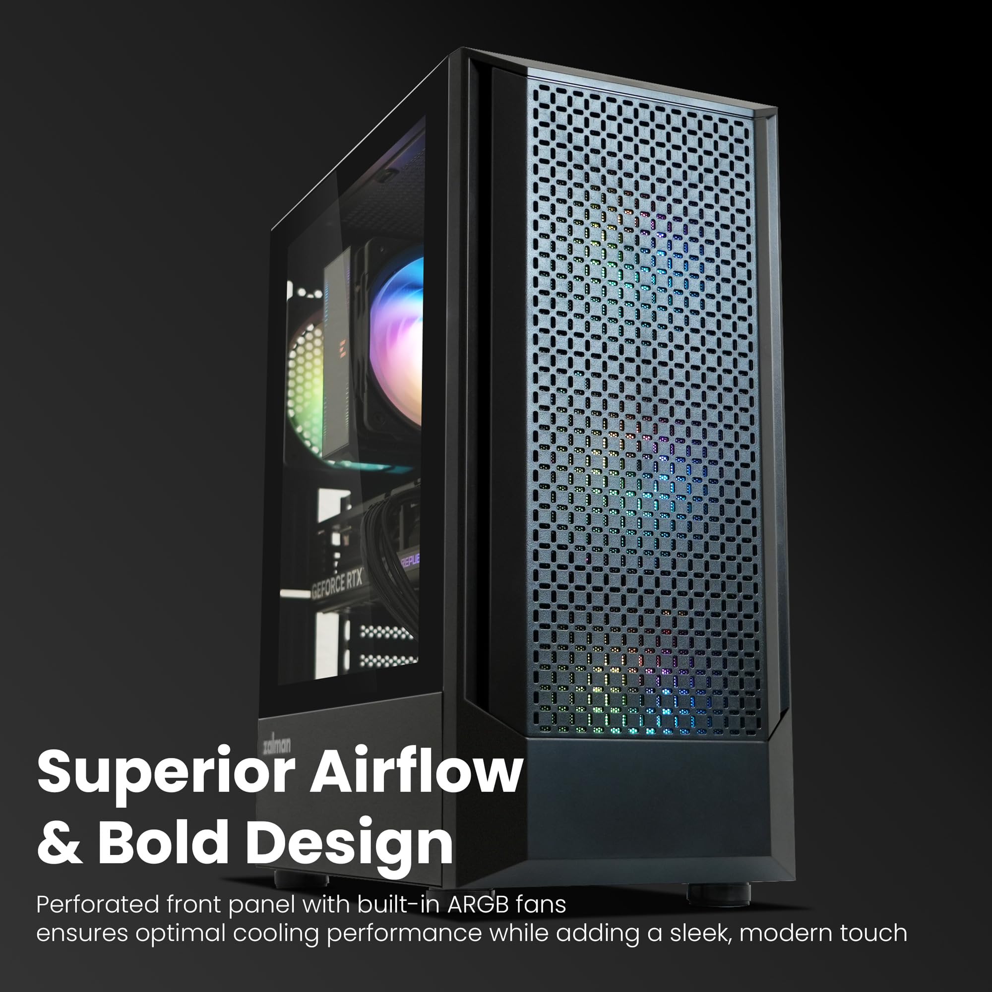 Zalman FIT ATX PC Case, High Airflow, 4 x 120mm ARGB Ventole preinstallate, Pannello laterale in vetro temperato, USB 3.0, Compact Mid-Tower Gaming Computer Case, Nero