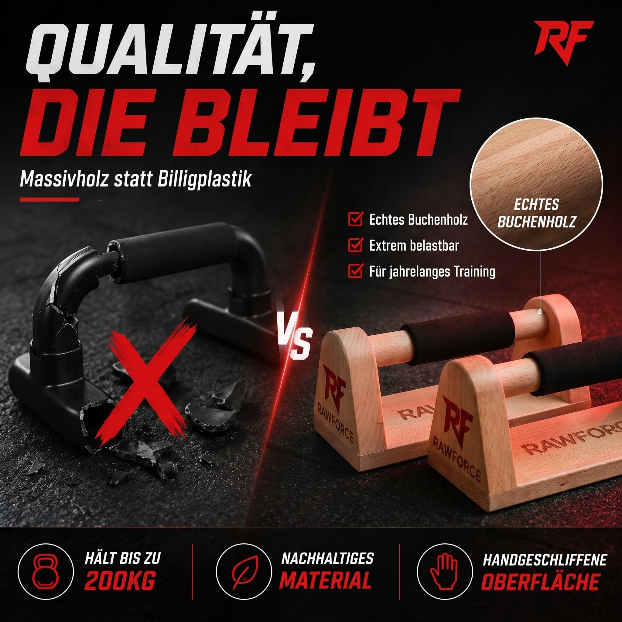RawForce 2x Liegestützgriffe aus Holz - Joint-Friendly & Rutschfest - Parallettes Push Up Bar - Handstand Griffe - Liegestützbrett - Liegestütze & Calisthenics Equipment - Von Profi Entwickelt