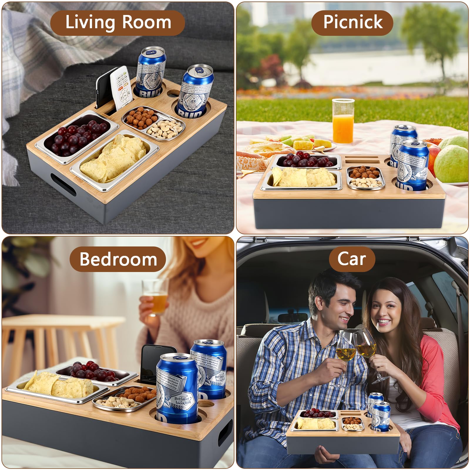Couchbar Snackbox Mit Edelstahl Schalen - Sofaablage Für Snacks Und Getränke