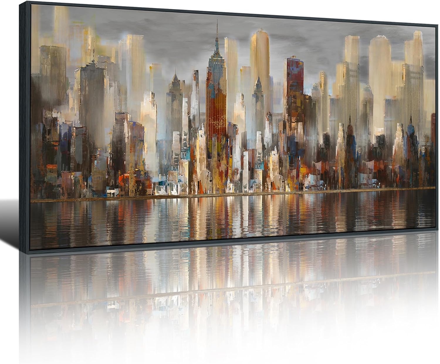Mofutinpo Large Black Framed Cityscape New York abstract wall art Brown City Theme Paintings Modern Canvas office wall decor living room modern artwork Size 30x60 29x58IN-F-Back New York Wall Decor
