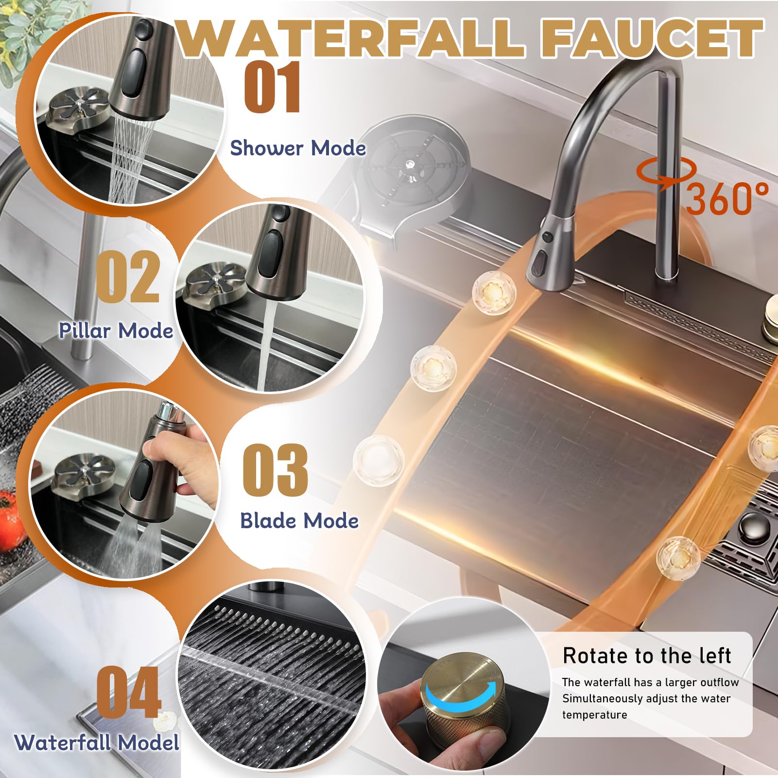 80x50cm Lavello da cascata nero, multifunzionale Lavello Cucina 1 Vasca in Acciaio Inox, con Rubinetto Estraibile, sifone e Set di Drenaggio, e vari accessor, lavello domestico set