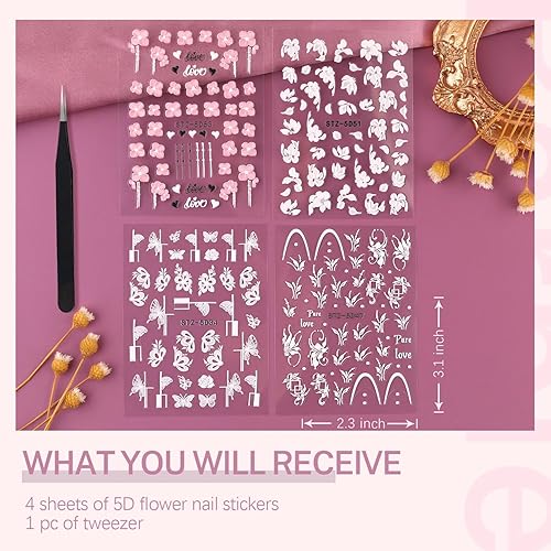 Miniatura 8 de Calcomanías de arte de uñas de flores 5D, 3 hojas en relieve, huecas, exquisitas pegatinas 3D, autoadhesivas, encaje blanco, hojas florales, plumas,