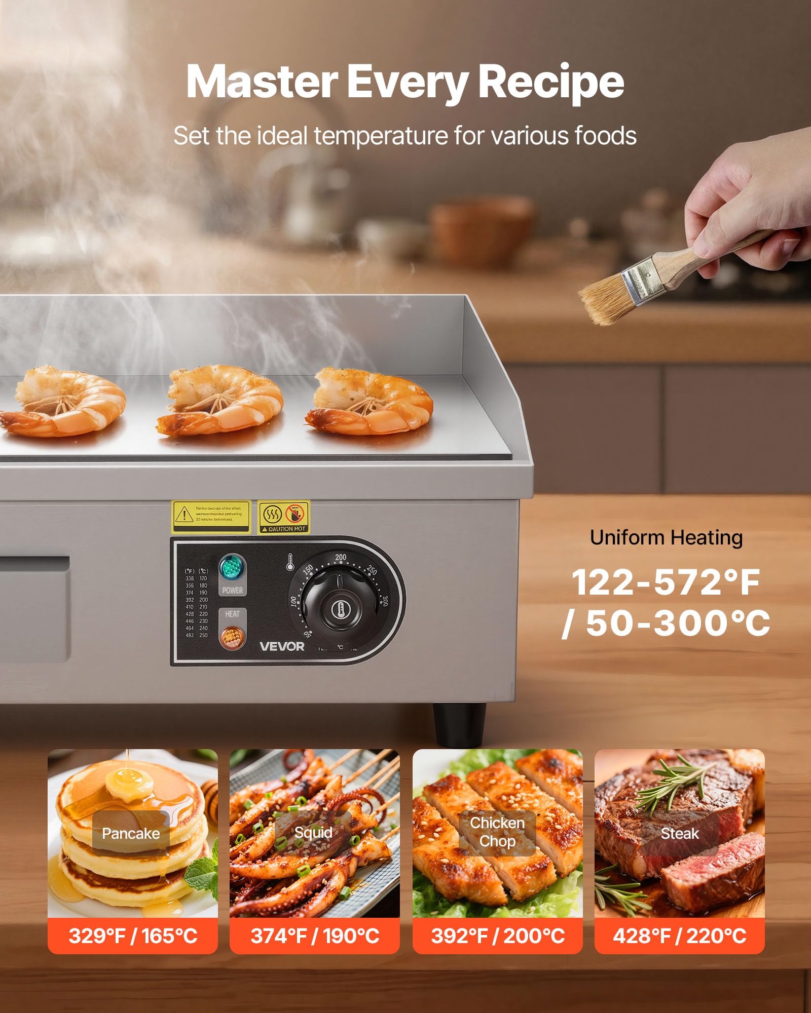 VEVOR Piastra Elettrica per Cottura Commerciale Superficie di Cottura da 450x300 mm Spessore Piastra in Ferro 8 mm, Temperatura Regolabile tra 50°C–300°C per Bistecca Barbecue Piatti da BBQ Grigliate