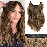Vista 40 de Extensiones de cabello tipo aureola de 20 pulgadas, alambre invisible, ajustable, cabello largo ondulado, mejora sintética, 4 clips de seguridad